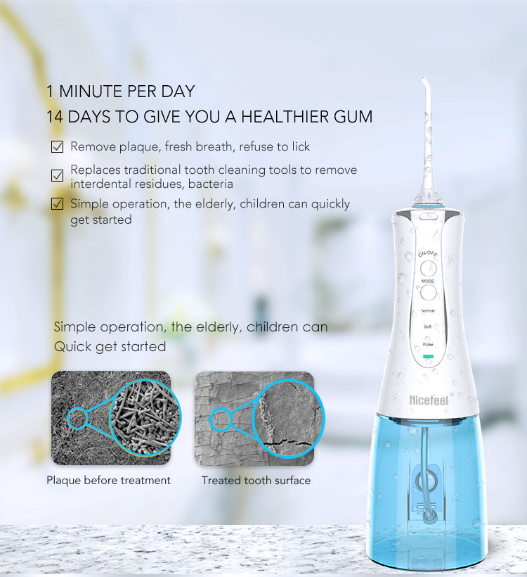 2 Jet Tips Cordless Dental Water Flosser 300ML Rechargeable Oral Irrigator With 3 Modes