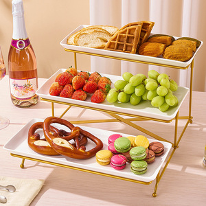 陶瓷3层矩形餐架，带瓷盘层托盘，带可折叠坚固架金白盘 - Product Image 5