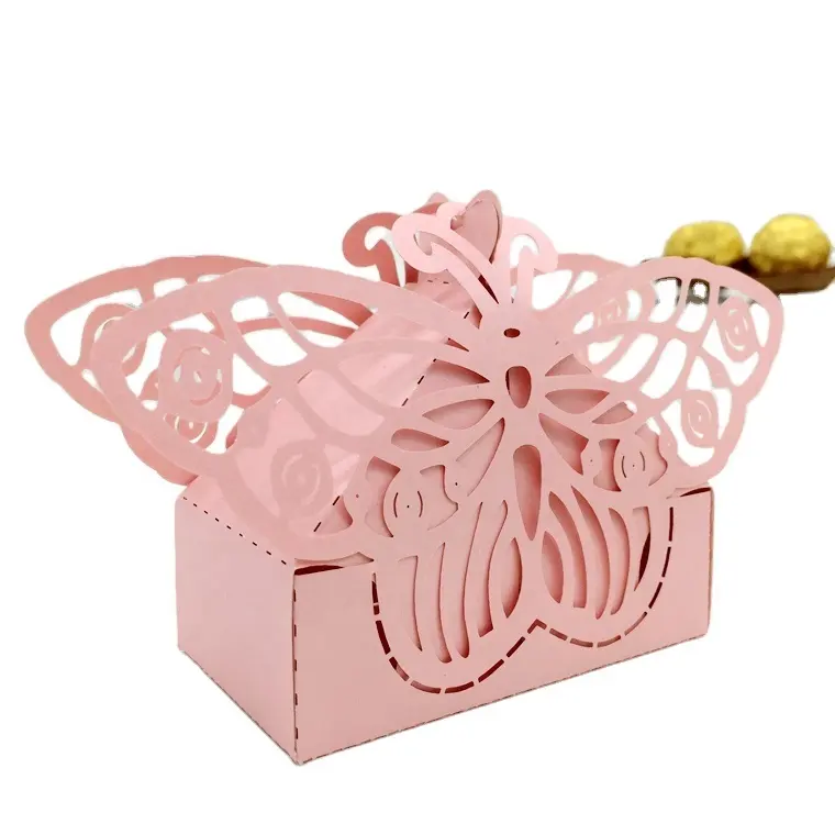 Neue design laser geschnitten rosa schmetterling perle papier hochzeit pralinenschachtel Schokolade zugunsten box Baby-Dusche geschenk-box neu geboren geschenk