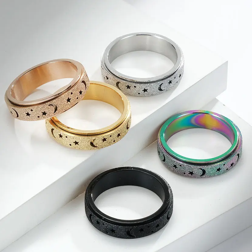 JZ23070 di design in acciaio inossidabile a doppio strato girevole anello di sollievo dall'ansia paillettes anelli di luna stella cava per donna uomo
