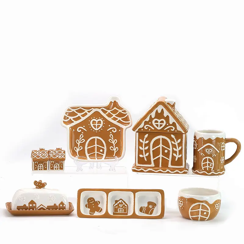 Série de pain d'épice de Noël artisanat en céramique peint à la main cadeau combinaison bol plateau tasse pot vaisselle ensemble