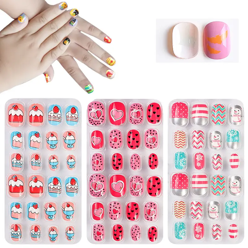 Faux ongles artificiels à pression pour enfants, 24 pièces, couverture complète, joli cadeau de Festival, ensemble de faux ongles pour petites filles