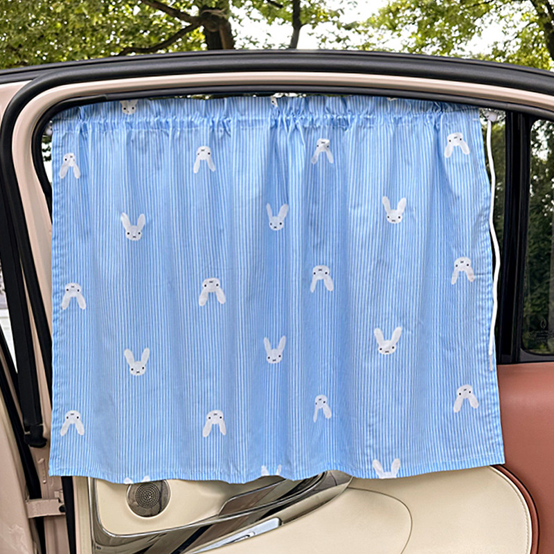 Blue striped cotton curtains with rabbit pattern