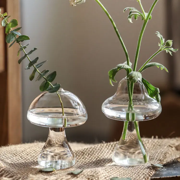 Vaso de vidrio hidropónico en forma de seta, artesanía creativa para planta de sala de estar, florero de vidrio para decoración del hogar