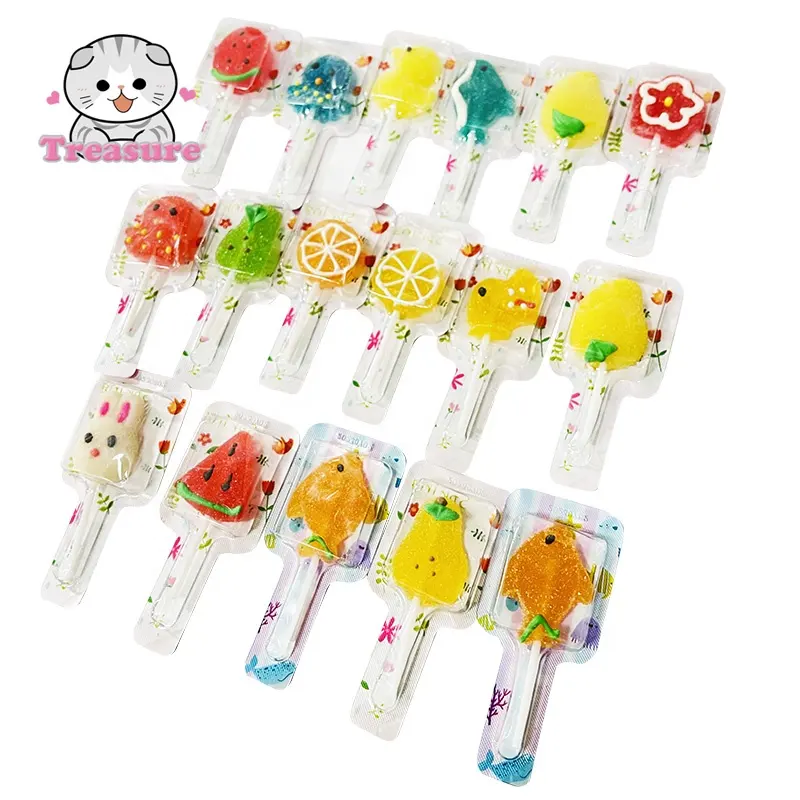 wholesale cartoon shape gummy lollipop candy fruit flavor candy for halal
