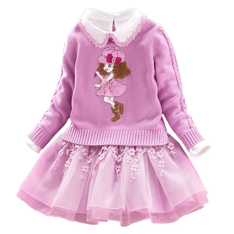 Anufacturers-suéter de algodón para niñas, vestido de princesa de dos piezas para primavera y otoño, venta al por mayor 2023