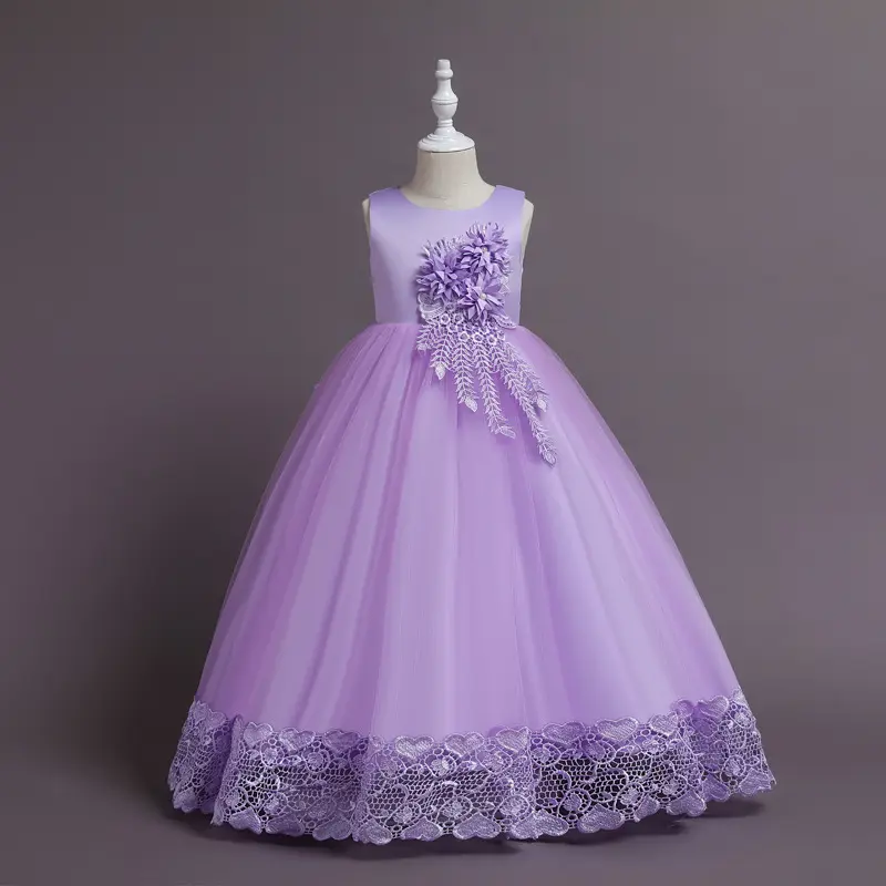2023 nuevo vestido largo sin mangas de cuello redondo para niños moda princesa niñas A-Line vestido flor Puffy Show vestido