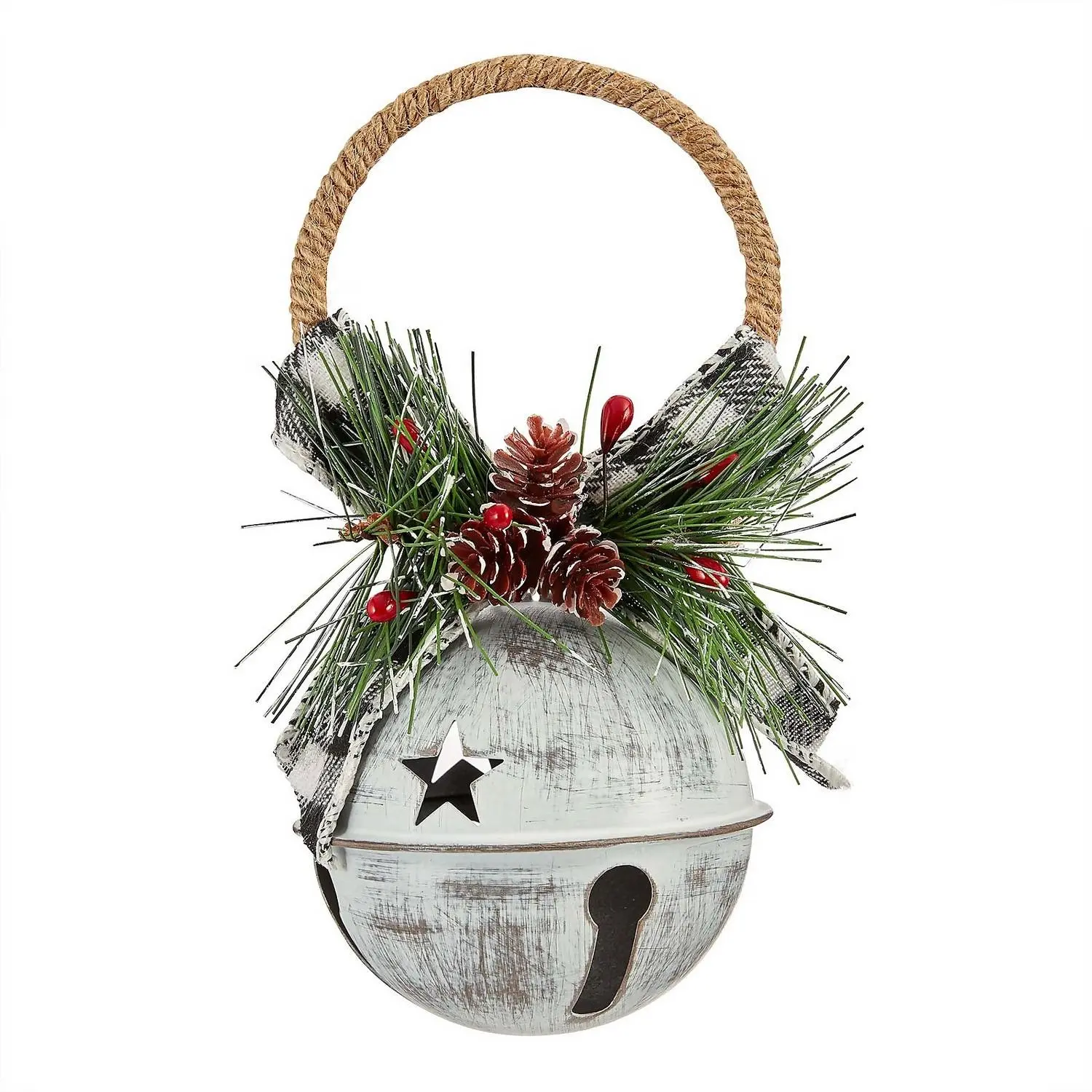 Campana de Navidad galvanizada, copos de nieve y colgador de yute, campana de granja, Cascabel, decoración de Navidad, suministro Floral