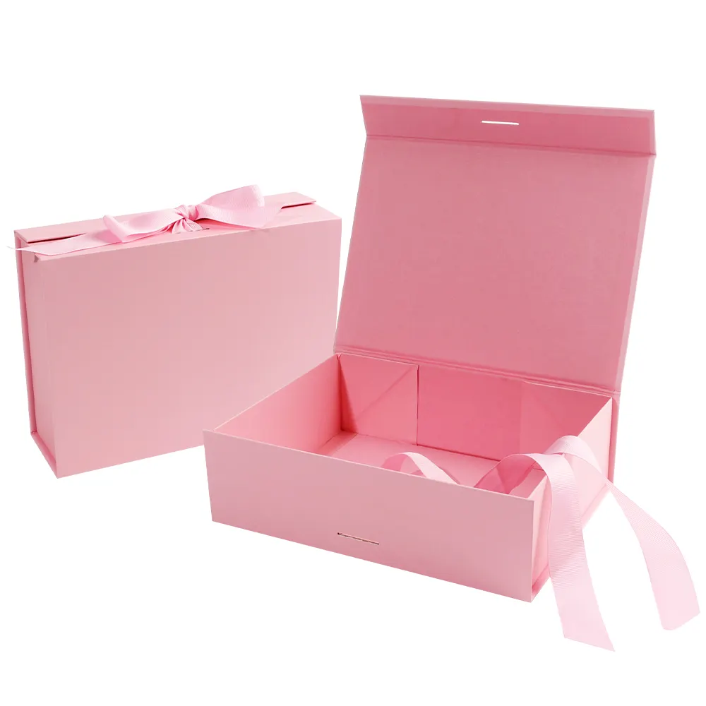 Roze Geschenkverpakking Recyclebaar Gecoat Papier Opvouwbare Geschenkverpakking Met Lint
