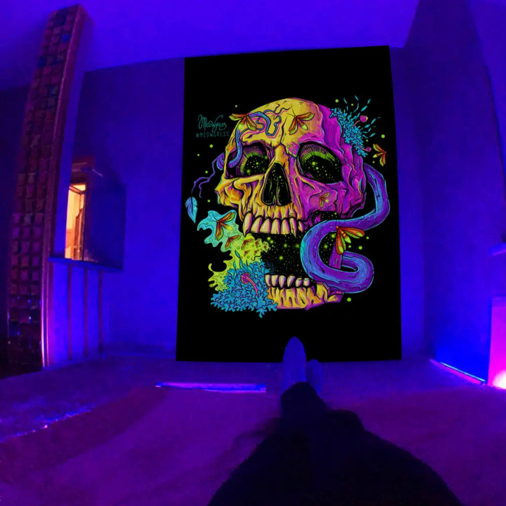Tapiz fluorescente con luz ultravioleta negra, colgante de pared de cráneo De Seta psicodélica, decoración Hippie, estética para habitación