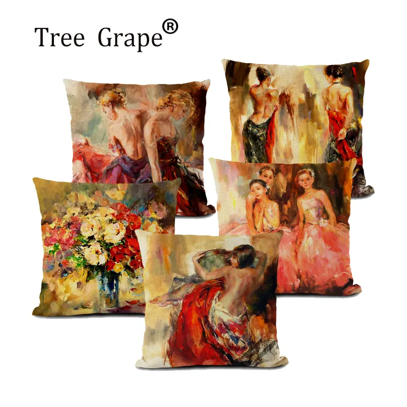 Pure Hand-Painted People Oil Painting Dancing Girl Cushion Covers for Hotel Decor