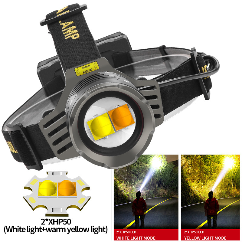 H653-2*P50 (White Light/Warm Yellow Light) Headlamp USB Cable (Batteries Not Included)