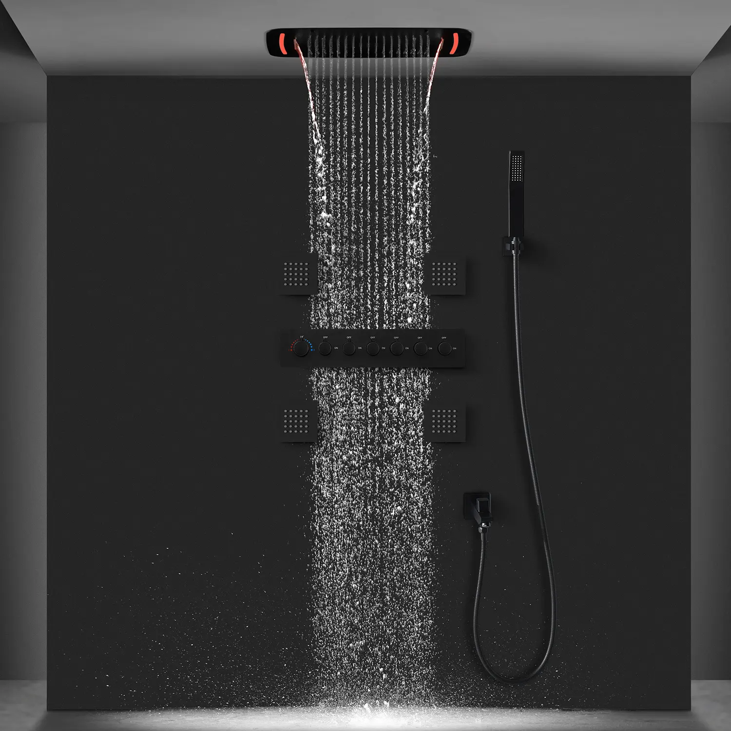 Colonne d'eau de brouillard de pluie de cascade de salle de bains ensemble de douche LED thermostatique ensemble de pommeau de douche noir mat