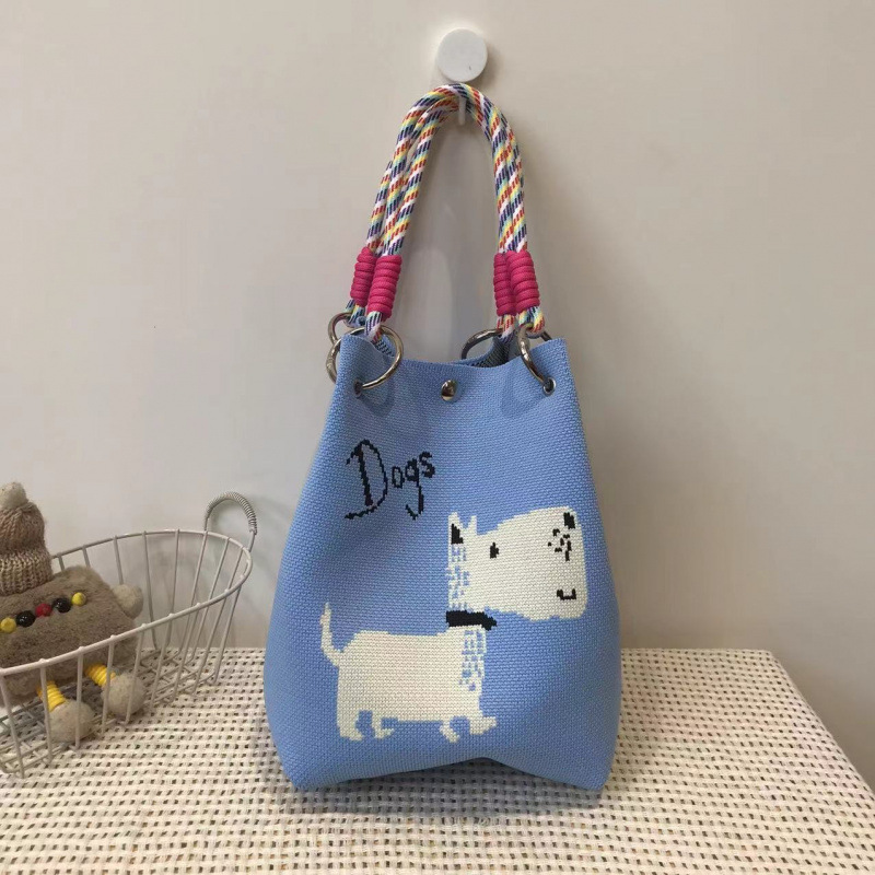 Side face big head dog blue hand bag