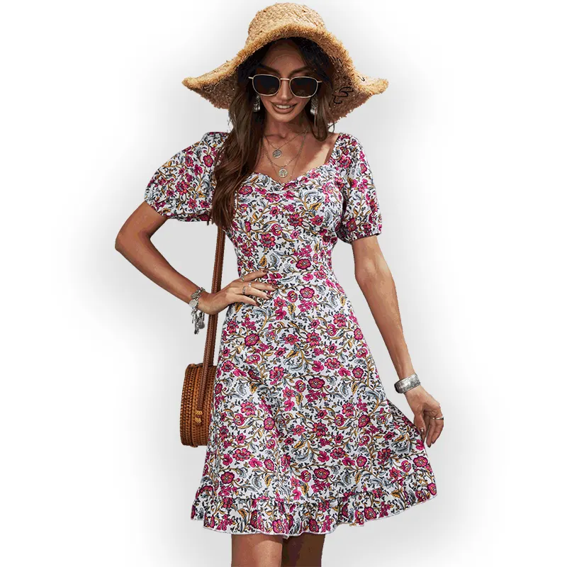 Vestido midi feminino estampa floral, manga curta gola quadrada chiffon poliéster casual novidade verão 2022