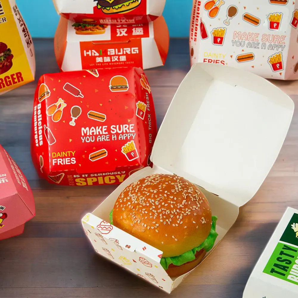 Caixas de hambúrguer de papel para viagem personalizadas duráveis e ecológicas AT PACK embalagem de hambúrguer recipientes de hambúrguer de cana-de-açúcar