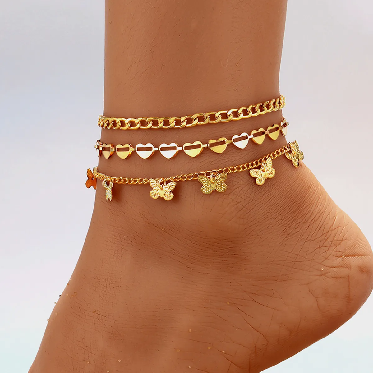 Bracelet de cheville multicouche papillon géométrique Vintage, coquille amour dame, chaînes de pieds en or, bijoux simples, accessoires, cadeau