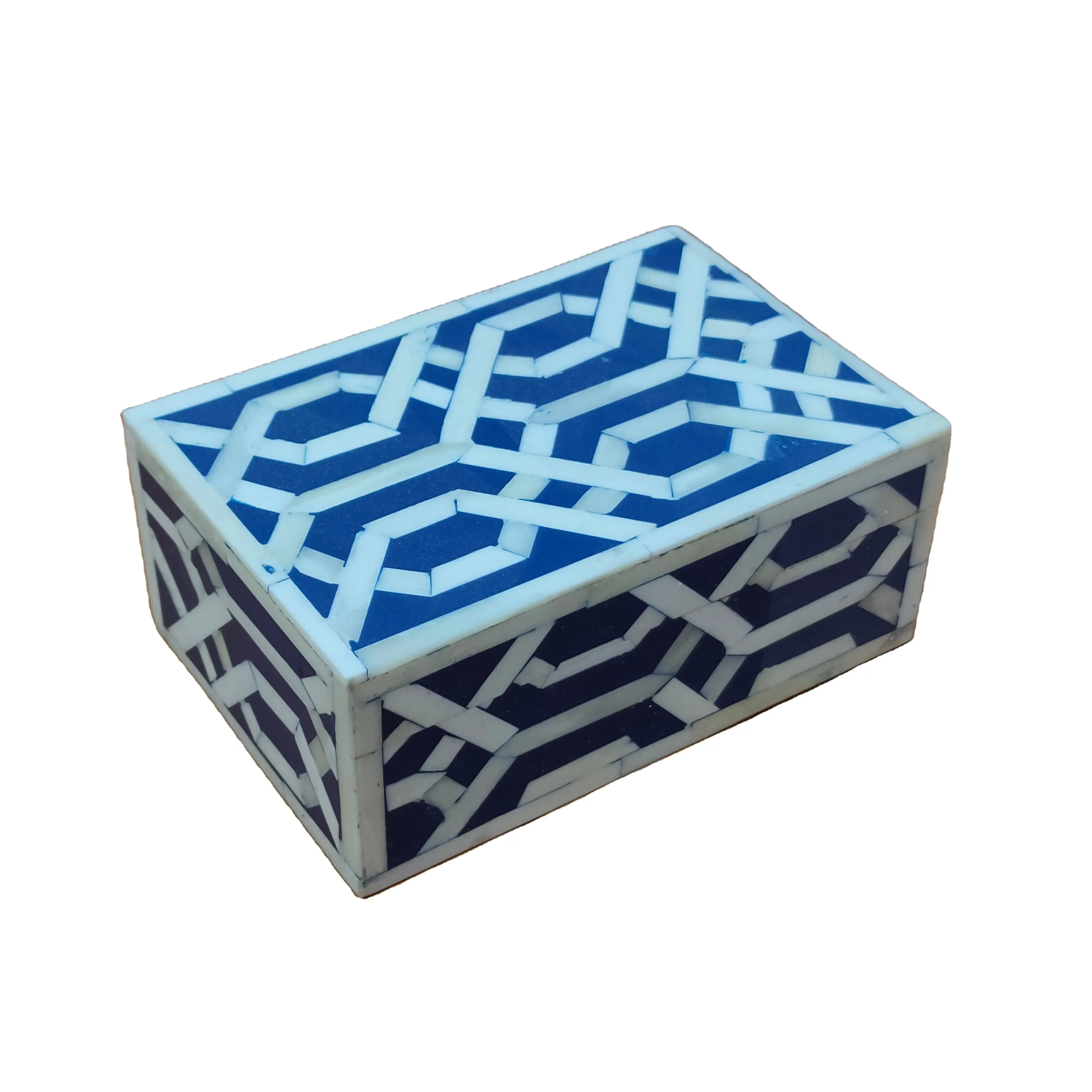 صندوق مجوهرات أزرق داكن نمط عنكبوت بتصميم مرصع بالعظام ومرصع بالعظام مربع