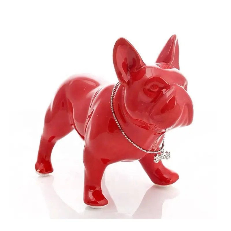 Escultura de animais de resina para cachorro, venda quente, escultura de cães de resina doméstica com colar de prata, estátua artística de buldogue francês