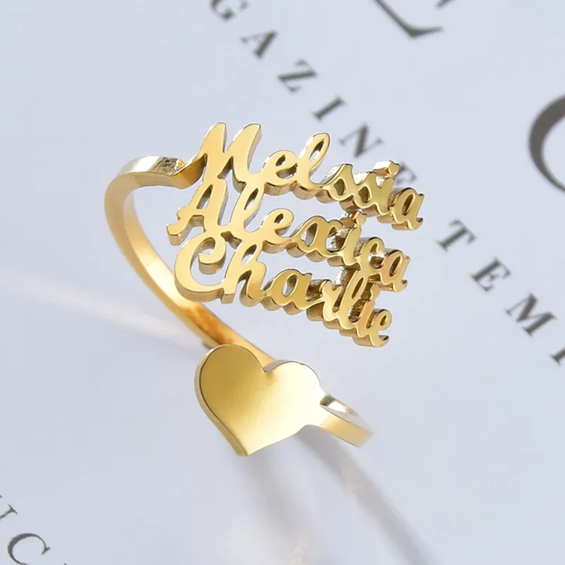 Customized Triple Names Heart Ring Stainless Steel Personalized Adjustable Letter Nameplate Finger Ring For Couple Jewelry Gifts
