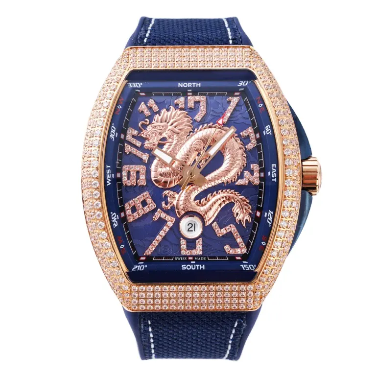 Relógio de luxo de 45mm com caixa de movimento automático V45 2824, pulseira de couro com mostrador de dragão e pulseira de movimento automático, relógio com desenho gelado, dropshipping