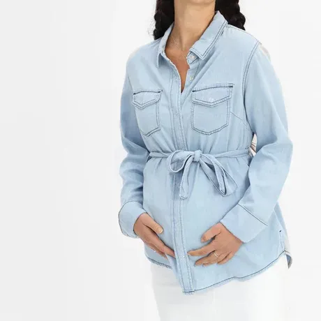 Camisa jeans azul com botão frontal, manga longa, tops para enfermagem, blusa de maternidade grávida