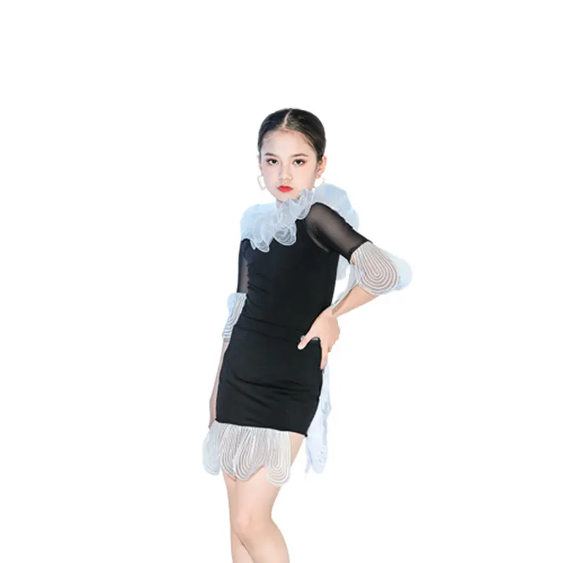 Kids Black Latin Dress Dance Costumes Performance Latin Short Skirt Girl Dance Outfit Dance Costume