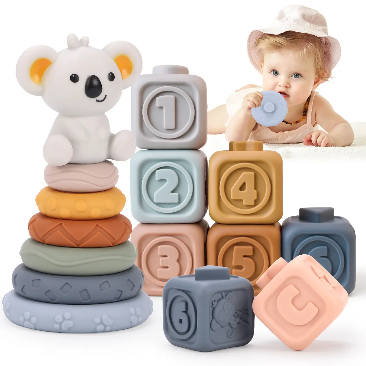 Montessori Soft Silicone Blocks Ring Animal Letter Sensory Toy Early Educational Stacking Tower Toys For Toddler Boys & Girls