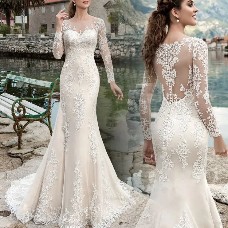 New O Neck Illusion Lace Appliques abito da sposa a sirena abito da sposa senza schienale a maniche lunghe