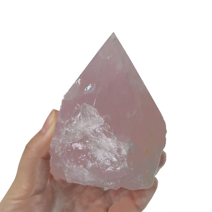 Ponto áspero de quartzo rosa, cristal de pedra natural polido pontos obsidianos pretos cura de energia