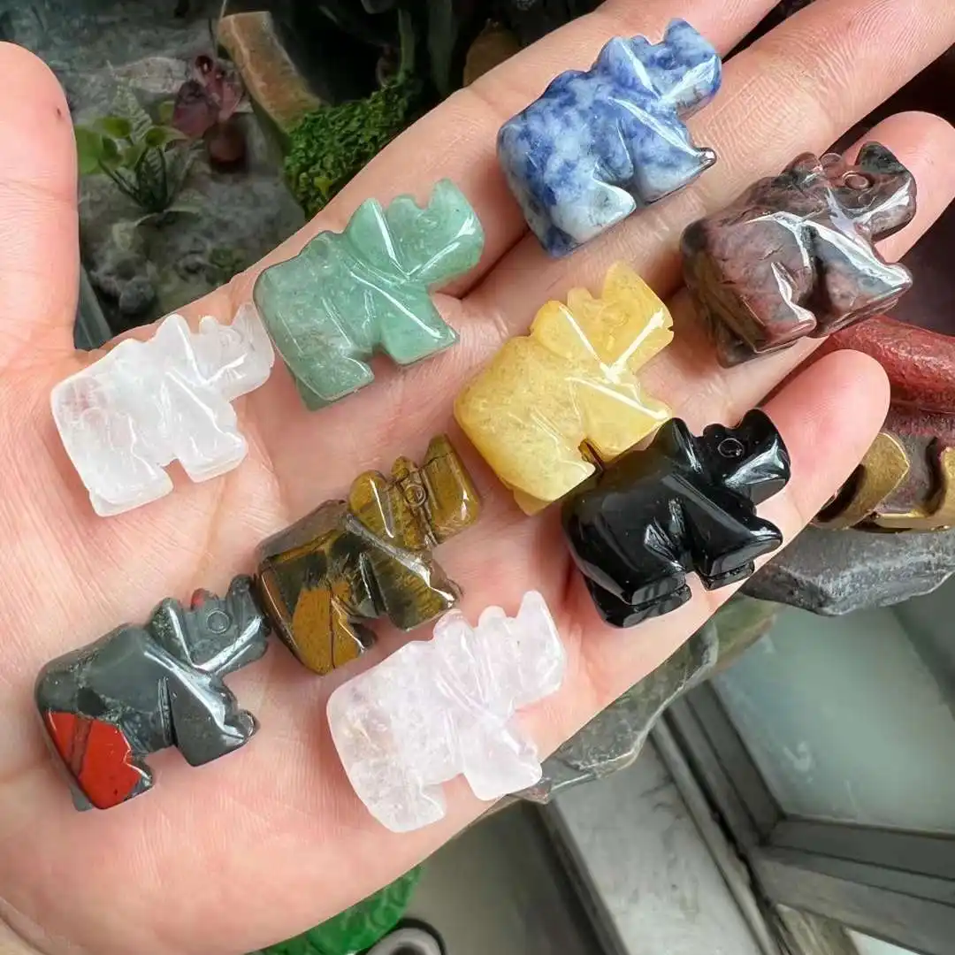 12 Colors 20*26mm Handmade Carvings 1Inches Gemstone Rhino Animal Statue Healing Crystal Home Decorations Gifts for Promotions