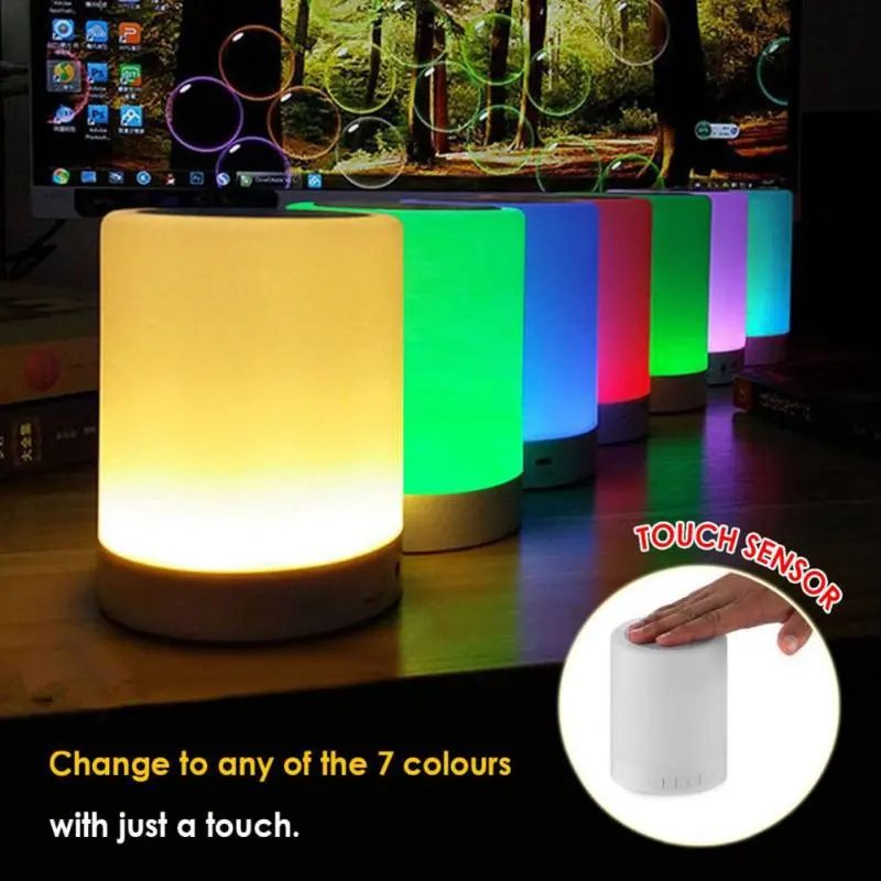 휴대용 스마트 터치 무선 BT 스피커 플레이어 LED 다채로운 야간 조명 침대 옆 테이블 램프 지원 TF 카드 AUX 마이크