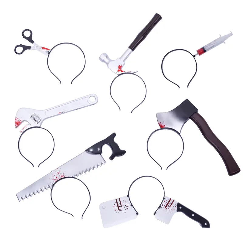 Accesorios de broma Para FIESTA DE Halloween arma de simulación a través de la cabeza cuchillo de cocina tubo de aguja hacha cabeza hebilla la banda para el cabello