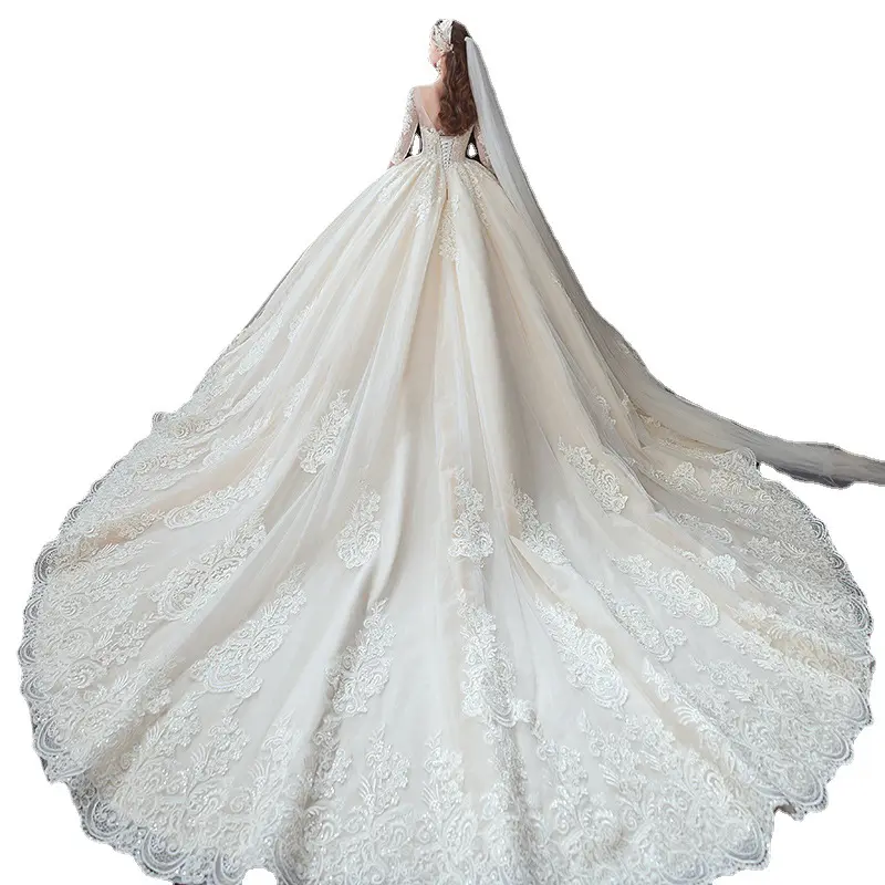 3823 Wedding Dress 2024 Phong Cách Mùa Xuân Cô Dâu Ren Dài Tay Áo Mỏng Trang Bị Cộng Với Kích Thước Dài Train Bóng Gown