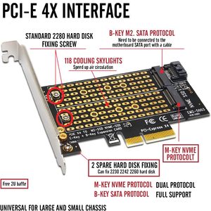 M.2 SSD เป็น PCI Express 4.0 X4อะแดปเตอร์การ์ด Riser PCI-E TO NVMe PCIe และ SATA NGFF dual Protocol SSD การ์ดขยายคีย์ M คีย์ B - Product Image 3
