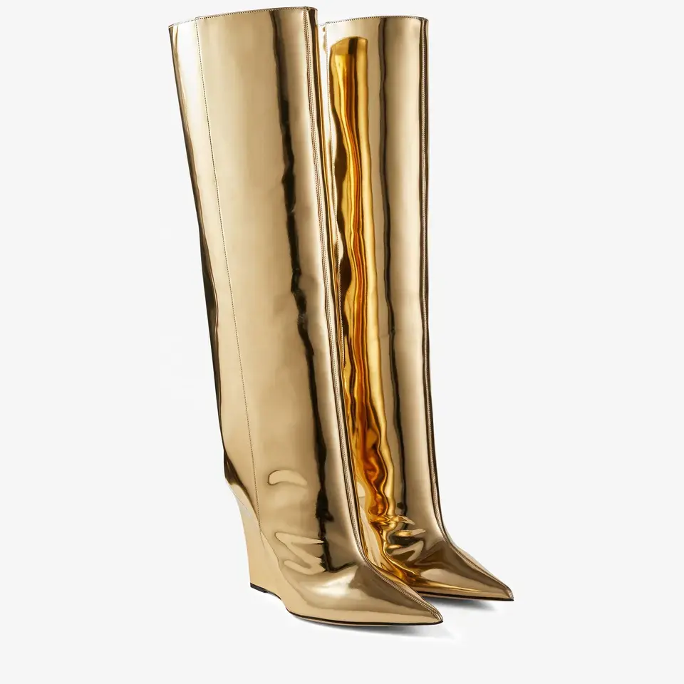 BUSY GIRL JC12, zapatos de mujer personalizados, botas hasta la rodilla Blake, botas hasta la rodilla con cuña de cuero de Metal líquido dorado 110, botas de charol para mujer