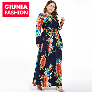 50892 # nuevo cintura alta tela suave de las mujeres de gran estampado Floral manga larga vestidos de las mujeres Maxi Plus tamaño vestidos de ropa