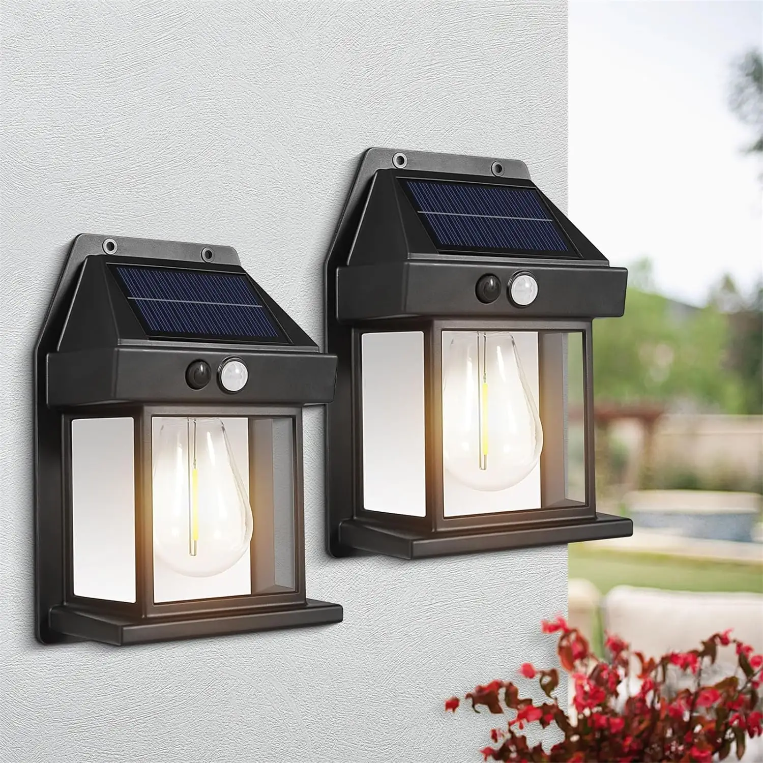Accesorio de luces de porche inalámbrico Dusk to Dawn Linterna de pared solar con sensor de movimiento de 3 modos para patio, patio trasero, garaje