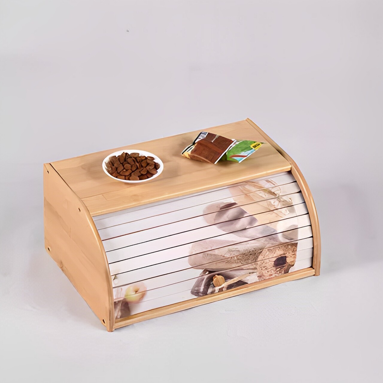 Bamboo bread box with colorful curtains