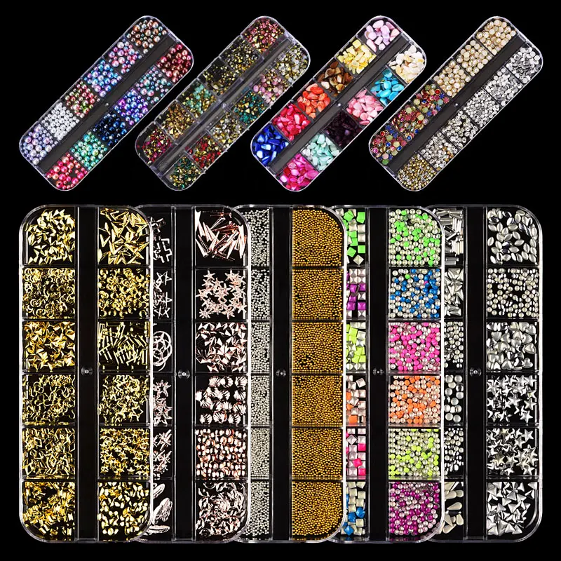 60 scatole accessori all'ingrosso nail art sticker gioielli deco lega di metallo gemma per unghie strass pietre 3d charm nail art