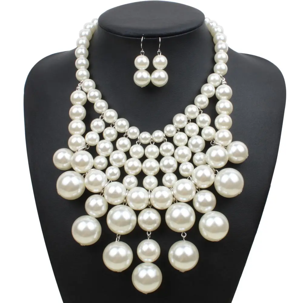Conjunto de joyería nupcial de Dubái para mujer, collar y pendientes de perlas de imitación hechas a mano
