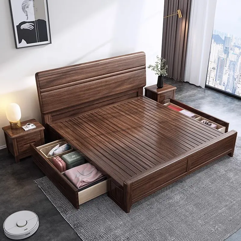 Noz nórdica moldura de madeira maciça moderna mobília do quarto clássico barato cama design king size caixa de madeira camas duplas com gavetas