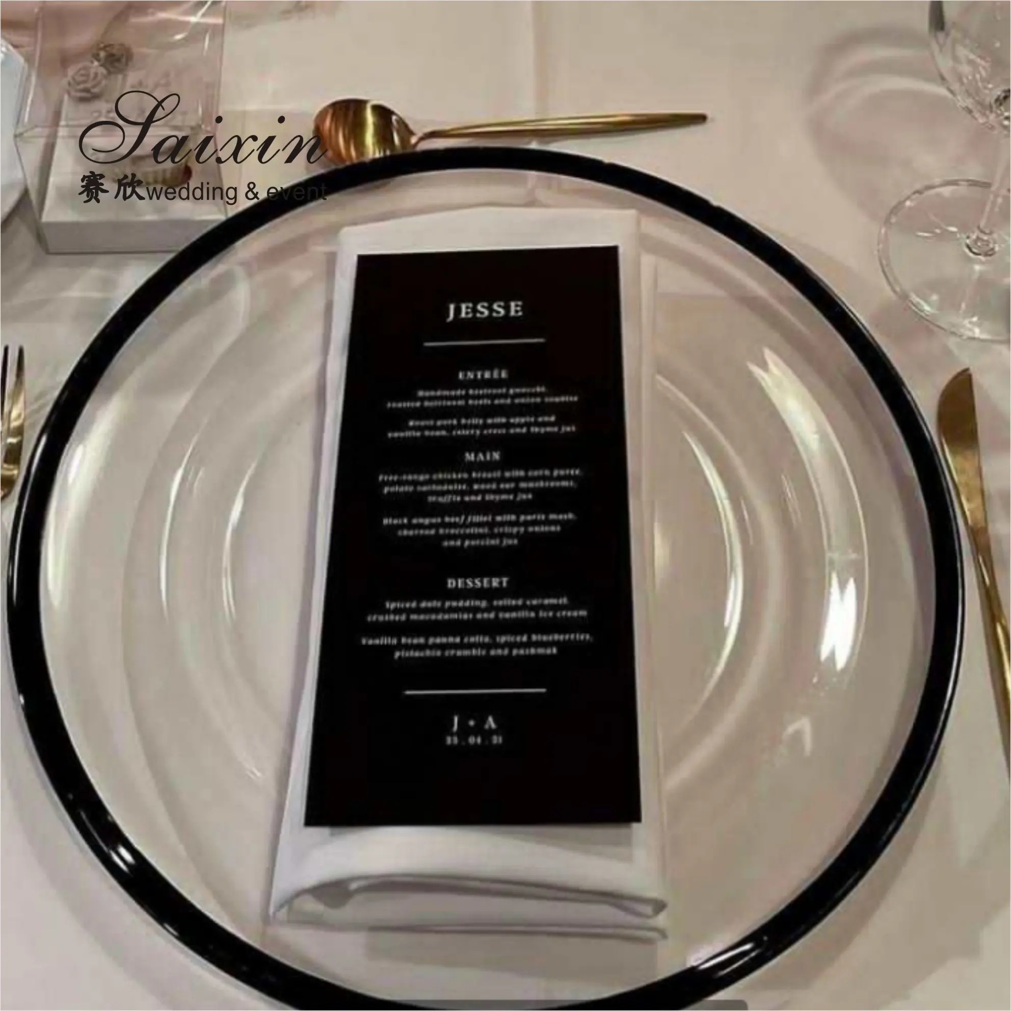 Placa carregadora de vidro transparente, venda quente da fábrica, com aro preto, para eventos de casamento