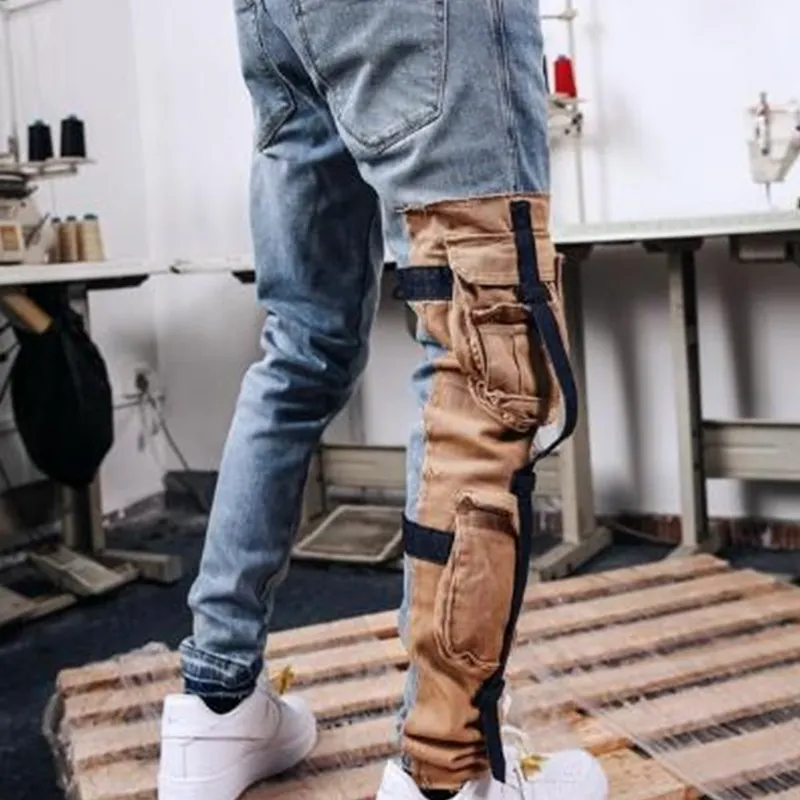 DiZNEW Streetwear jeans mens distressed hip hop male denim washed cargo denim men jeans
