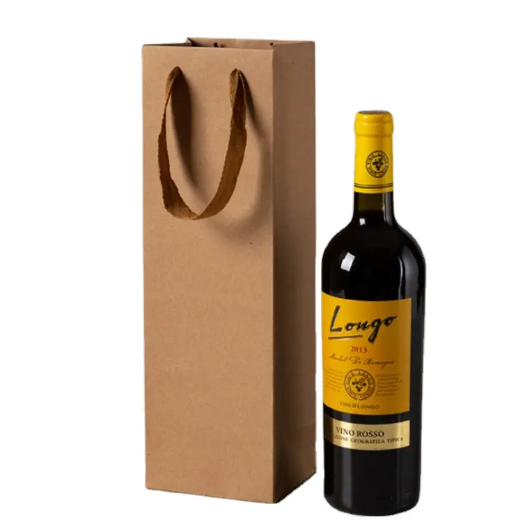 Label pribadi logo kustom cetak cokelat kraft Putih Hitam berwarna mewah kertas promosi tas hadiah belanja untuk botol anggur