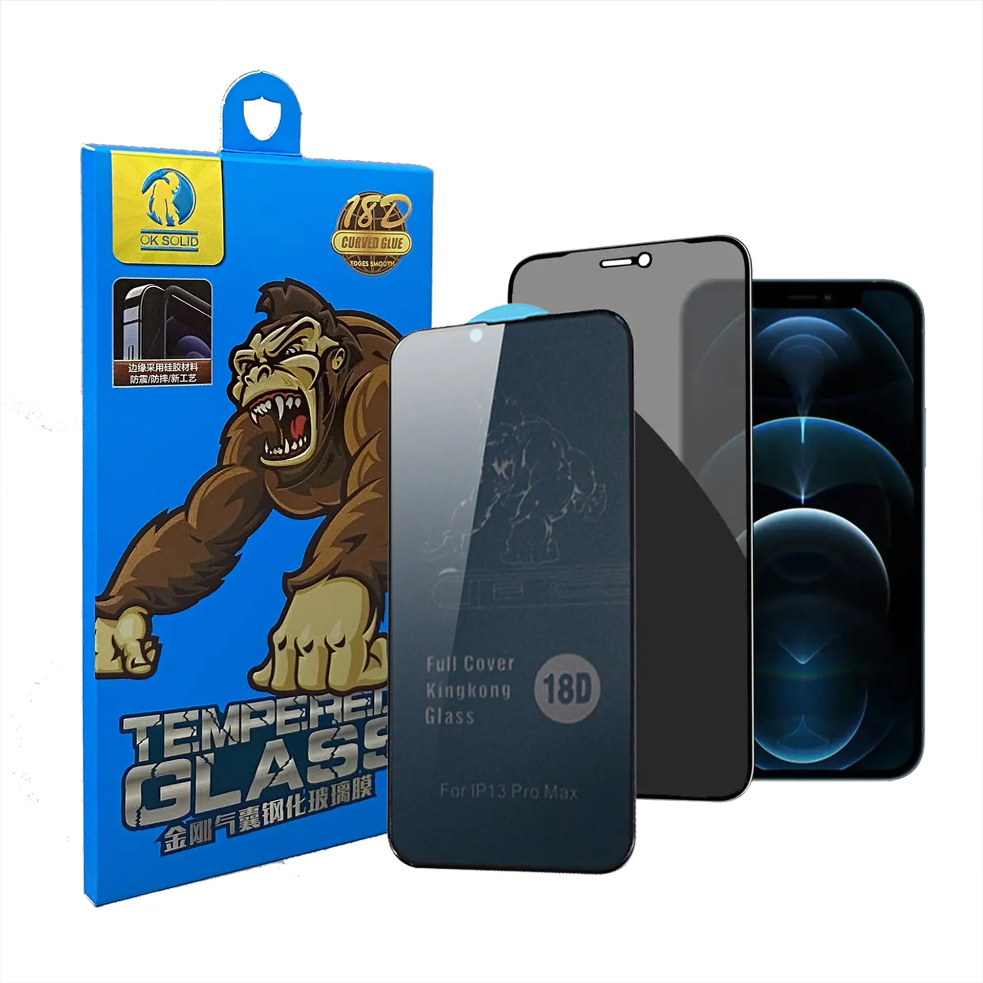 Đầy Đủ Bìa Kingkong Tempered Glass 3D Túi Khí 18D Sự Riêng Tư Bảo Vệ Màn Hình Cho iPhone 15 14 13 Cho Samsung