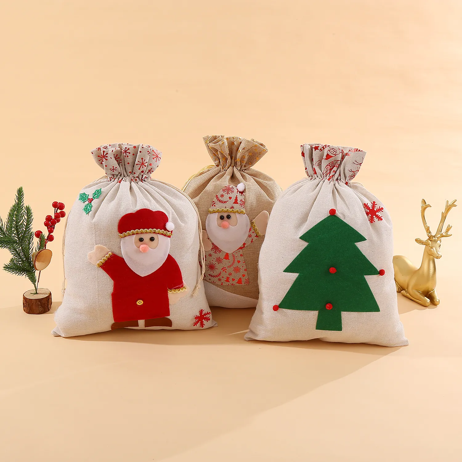 Bolsas navideñas grandes de 30x40 CM, empalme de saco de algodón de Navidad con cuerdas para envolver bolsa de regalo, Papá Noel