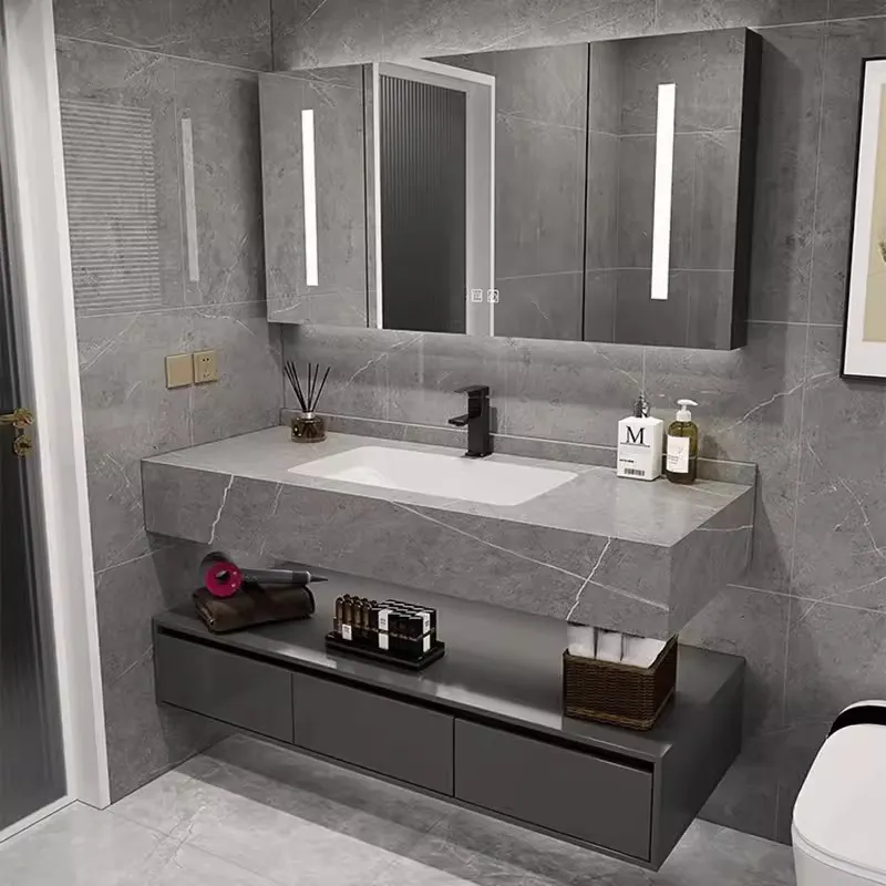 Настенный белый керамический умывальник, прямоугольный светодиодный зеркальный светильник, наборы для ванной комнаты, современные роскошные шкафы для ванной комнаты с раковиной