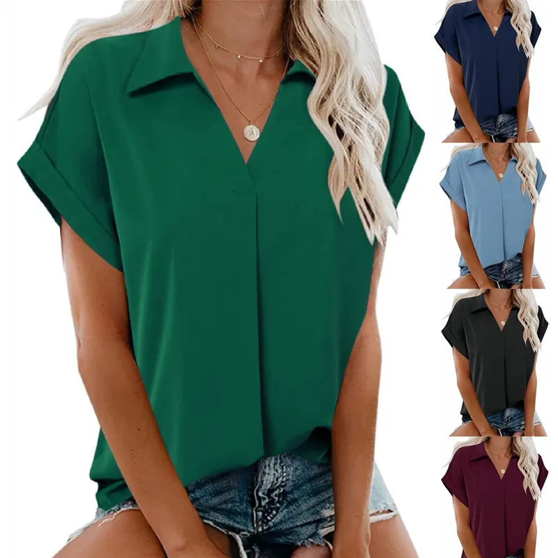 Chiffon Blouses for Women Collared Short Sleeve Summer Work Tops V Neck Elegant Blouses Evening Business Casual