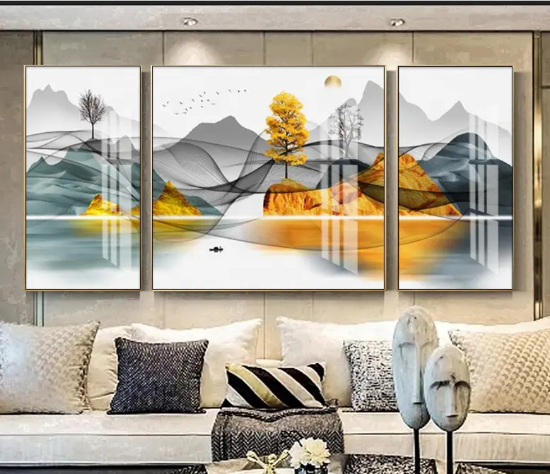 Asian Style Golden Deer Landschaft Segelboot 3 Panels Home Decor Acryl harz UV-Druck Kristall Porzellan Wand Landschafts malerei